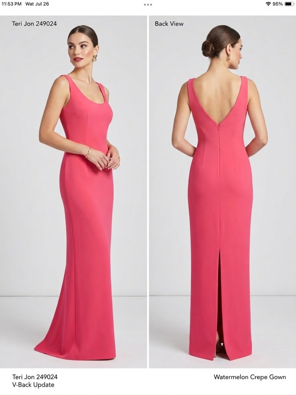 Teri Jon Watermelon Pink Sleeveless Crepe V-Back Gown